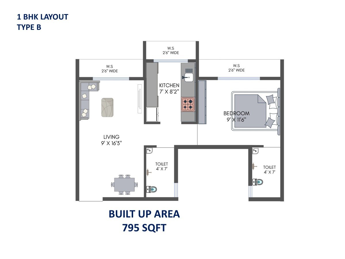 1 BHK Type B Floor Plan – 795 sqft